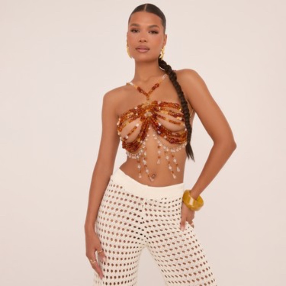 Halterneck Multi Bead Drip Detail Cover Up Bralet In Orange